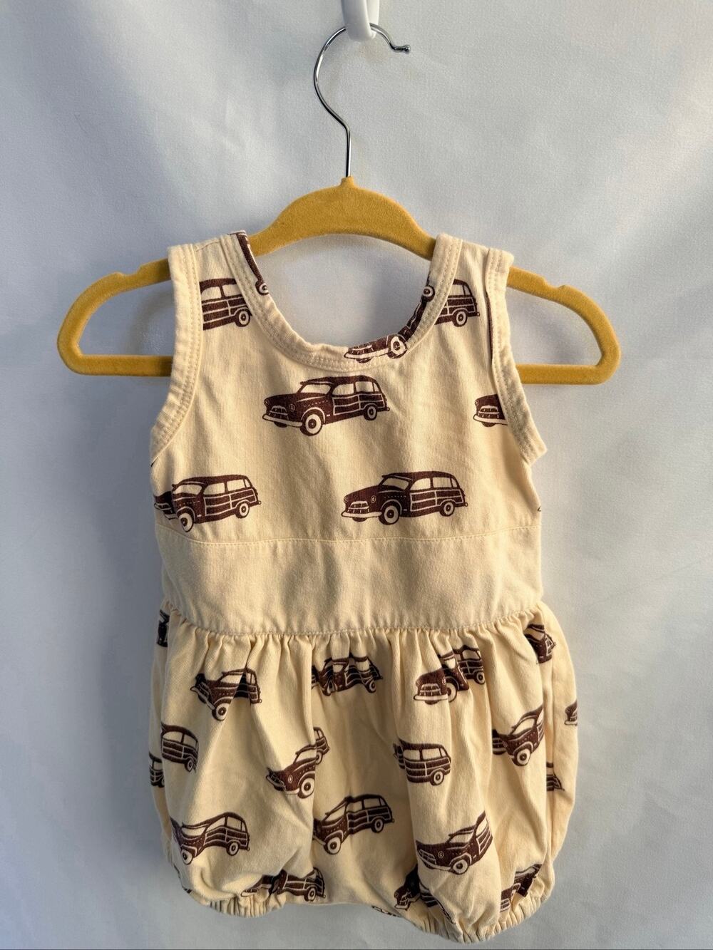 Kate Quinn Organic Cotton Vintage Car Bubble Romper 12-18M Cream Brown